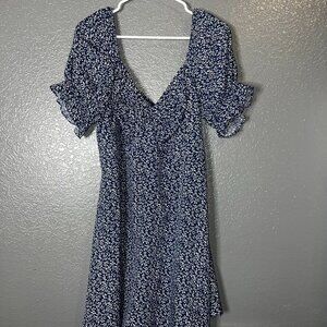 Navy Floral Midi Dress Puff Sleeves V Neck Flowy Curve Plus 2XL